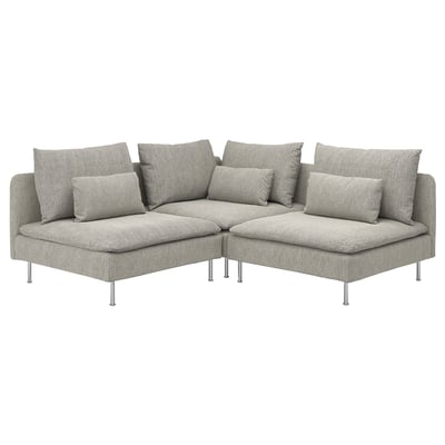SÖDERHAMN modern grey sectional sofa with patterned cushions, supported by metal legs, offering a cosy relaxed setting.