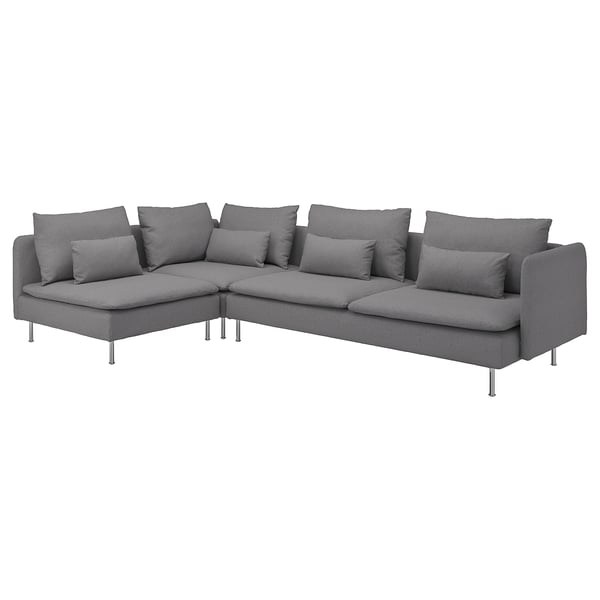 Grey SÖDERHAMN sectional sofa with deep seats, loose cushions, tonerud fabric cover, slim lines, high legs for airy look & easy cleaning.