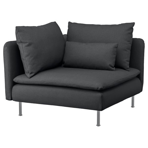A black SÖDERHAMN armchair with a textured fabric, featuring cylindrical legs and two matching throw pillows.
