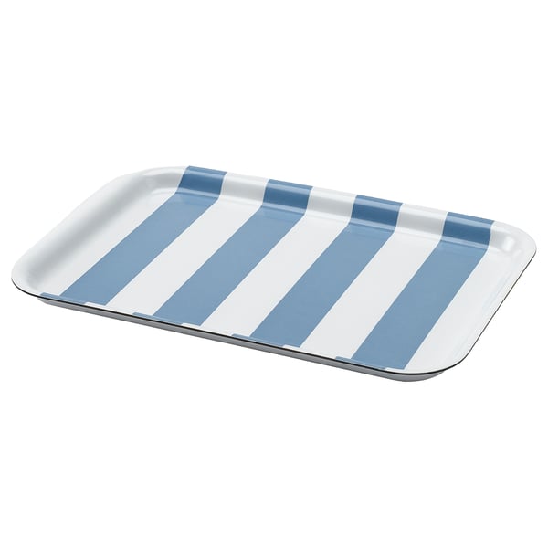 A white and blue striped rectangular tray made of high-pressure melamine laminate.