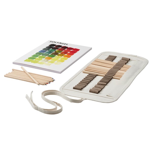 SOLFÅGEL art set: 24 colored pencils, canvas pad, roll-up case with closure. Recycled polyester, beige, structured, portable.