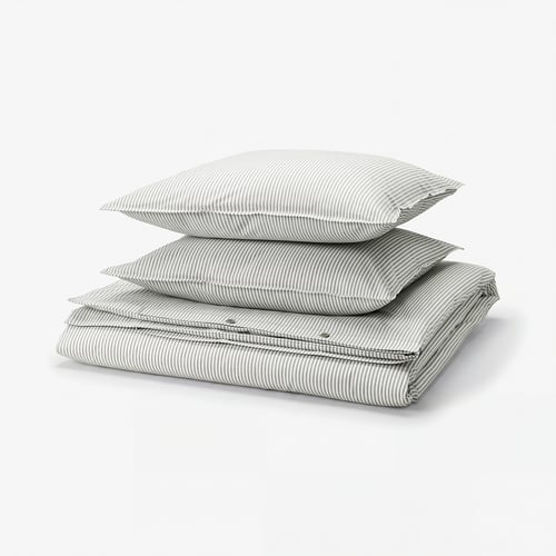 SOLFIBBLA Duvet cover and 2 pillowcases, grey white/stripe, 200x200/50x60 cm