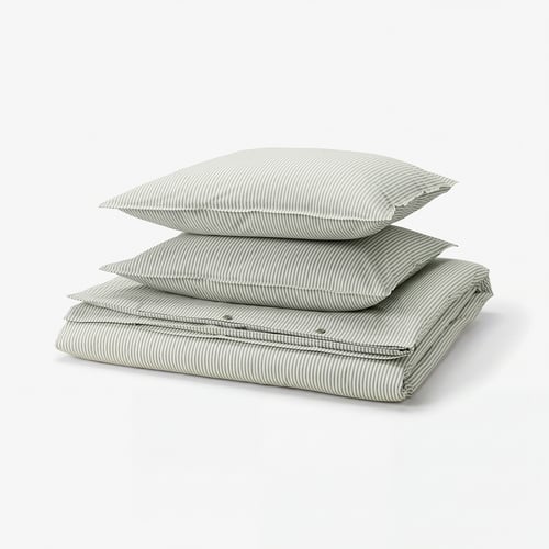 SOLFIBBLA Duvet cover and 2 pillowcases, white green/stripe, 240x220/50x60 cm