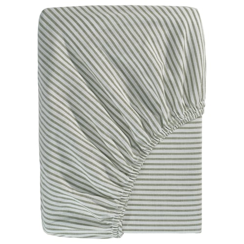 A SOLFIBBLA grey and white striped fitted sheet for mattresses up to 26 cm thick, made of 100% cotton, featuring elasticated edges.