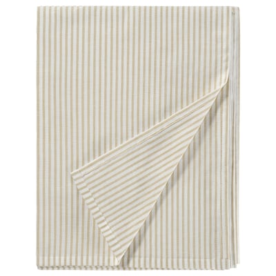 Light gold & white striped cotton sheet set for cosy, elegant bed.