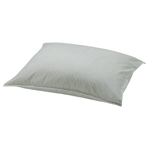 A rectangular SOLFIBBLA pillow with light green and white stripes, made of recycled cotton in a soft, stripy design.