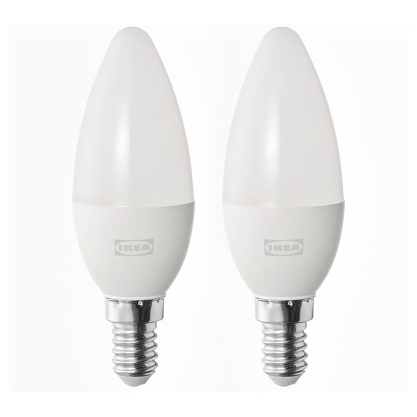 Two ikea SOLHETTA led bulbs, white, teardrop shape, standing side-by-side.