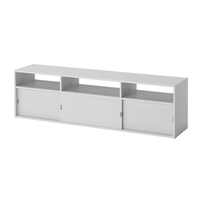 White SPIKSMED tv bench with open and closed storage, sliding doors, rectangular shape.