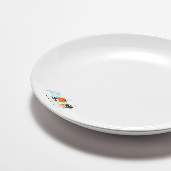 White plate with colourful abstract edge, quality stoneware.