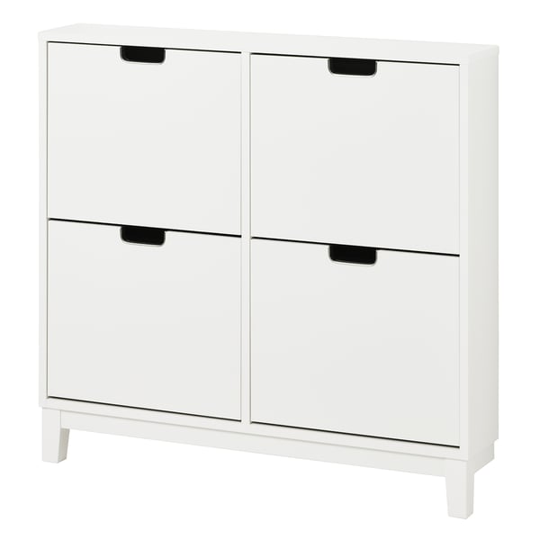 White STÄLL shoe cabinet with 4 compartments and handles.