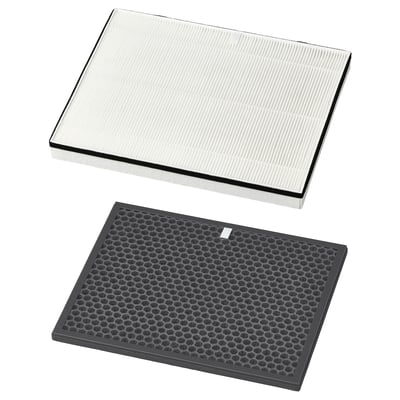 Two air purifier filters displayed: top is white, bottom is black, both rectangular with distinctive patterns.