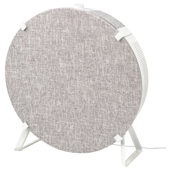 A round grey and white STARKVIND air purifier on a white stand. Modern design with a fabric cover and integrated handle.