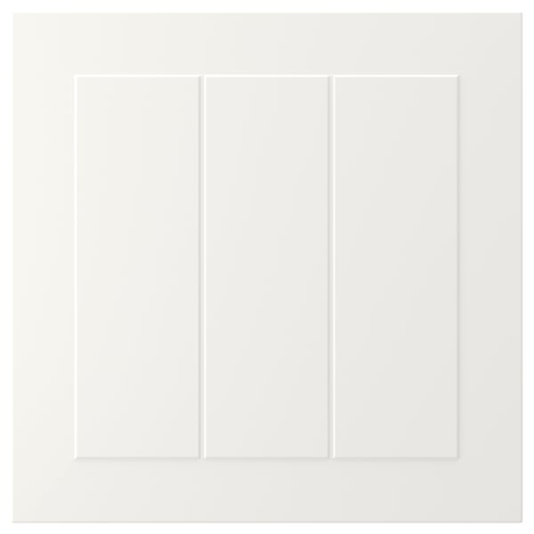 This image shows a white, rectangular STENSUND cabinet door with a smooth, lacquered finish and grooved panel design.