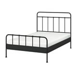 STJÄRNÖ: black metal bed frame with curved headboard and footboard, minimalist design.