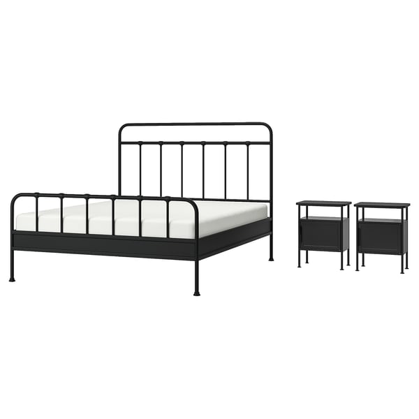 Black metal bed frame with curved lines and two matching nightstands.