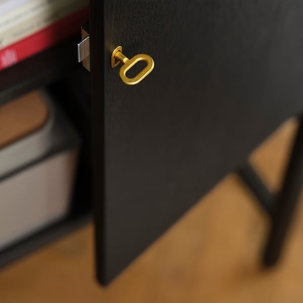 Black cabinet with gold handle, showcasing high-quality finish and design.