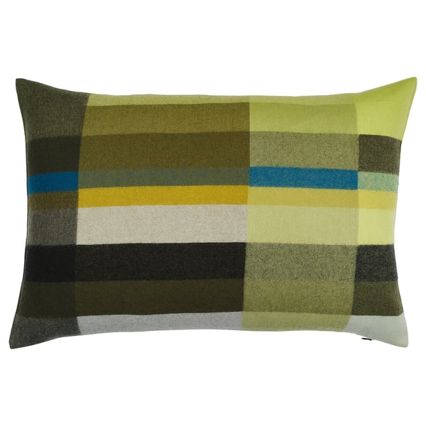 STOCKHOLM 2025 geometric wool cushion, green/blue. Rectangular, soft, zipped cover.