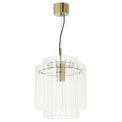 A STOCKHOLM 2025 gold pendant lamp with clear glass cylinders. Elegant design for dining or living room, providing direct light.