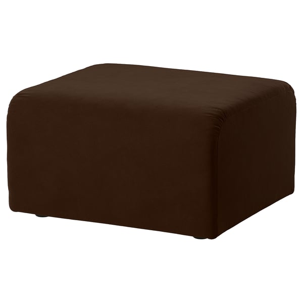 Brown, upholstered square footrest/stool, soft fabric.