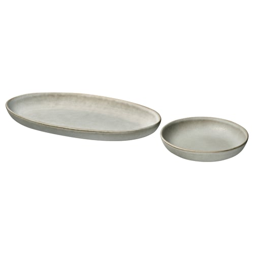 Set of rustic grey stoneware plates - oval and round shapes with matte finish.