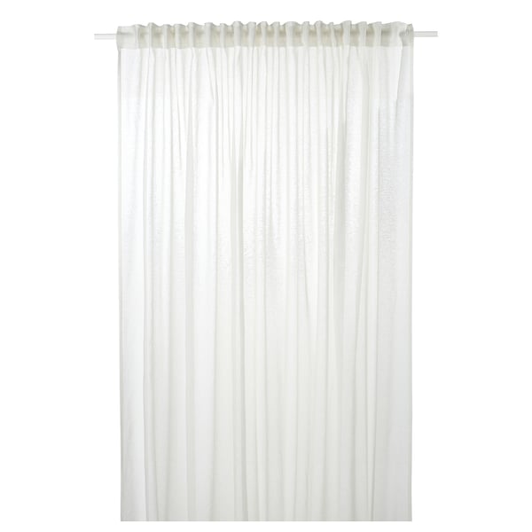 A white stockholm 25 sheer curtain in a cotton/linen blend, featuring a heading tape for easy pleating.