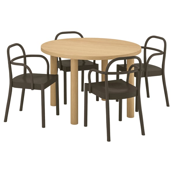 Round oak dining set with 4 chairs, modern scandinavian design.