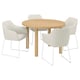 A round oak dining set with four cream-colored armchairs.