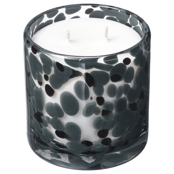 STÖRTSKÖN candle, grey, glass with dark flecks, cylindrical shape, three white wicks.