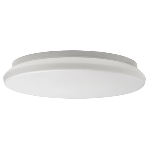 STOFTMOLN: white, circular ceiling lamp with smooth edges and diffused lighting.