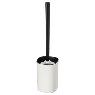 A STORAVAN toilet brush with a black handle and white holder. Modern, minimalist design. Made of durable plastic.