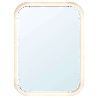 STORJORM mirror: rectangular white frame, led light, wall-mounted.