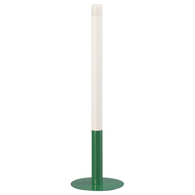 STRÅLA green battery-operated led candle with white top, standing tall on a round base, creating soft, cosy mood light.