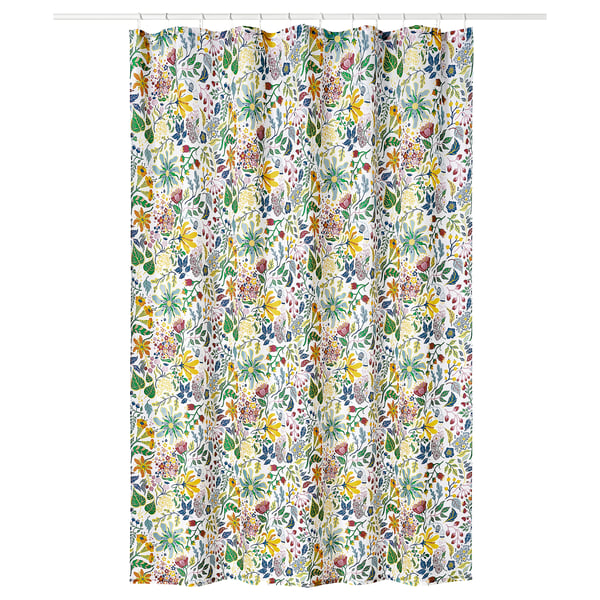 STRANDLUMMER shower curtain, floral pattern, white, polyester, rectangular, water-repellent.