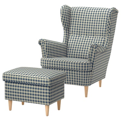 STRANDMON Wing chair with footstool, Sulviken blue/beige