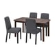 STRANDTORP dark brown dining set includes a square table with wooden legs and four matching grey fabric chairs. Modern and minimalist design.