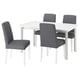 Modern white square dining table with four grey fabric chairs.