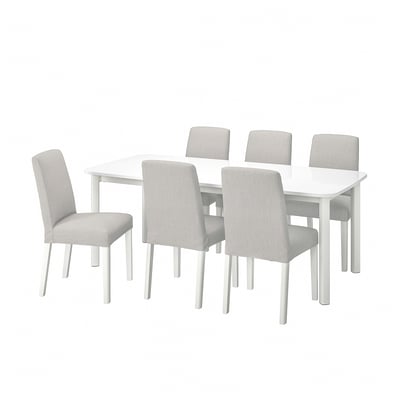 White STRANDTORP dining set with 6 chairs. Modern, clean design. White metal legs, fabric seats.