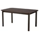 STRANDTORP brown extendable dining table, rectangular with dark wood veneer top, sturdy steel legs, minimalist design.