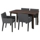 The STRANDTORP dining set a brown wood table with four grey fabric chairs, ideal for modern dining spaces.