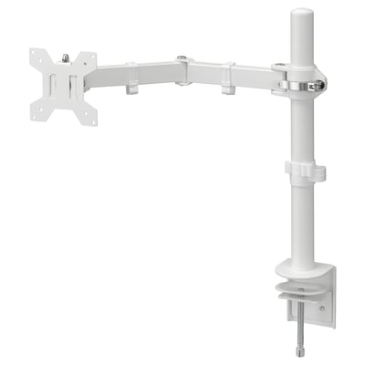 A white STUBBERGET monitor arm, adjustable and clamp-on, made of steel and plastic for desk mounting.