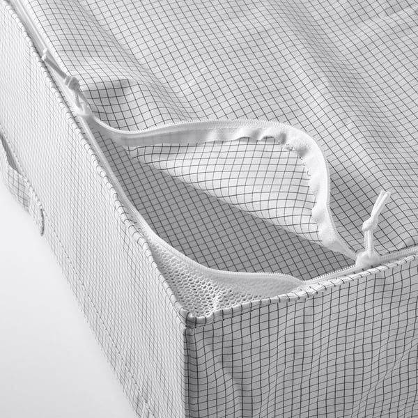 White mesh storage bag, well-constructed, durable fabric, zippered closure on side.
