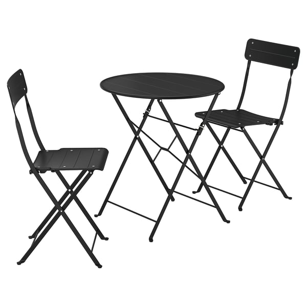 Black metal outdoor set with round foldable table and two matching chairs for space-saving.