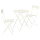 White metallic bistro set with round table and two folding chairs.