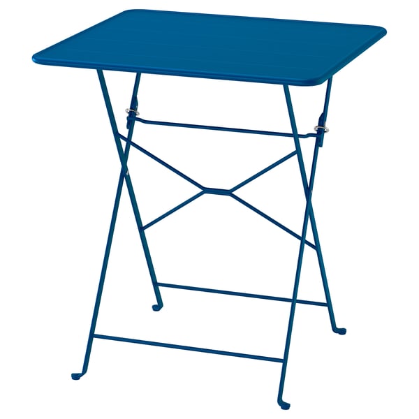 A blue foldable metal table, ideal for small spaces.
