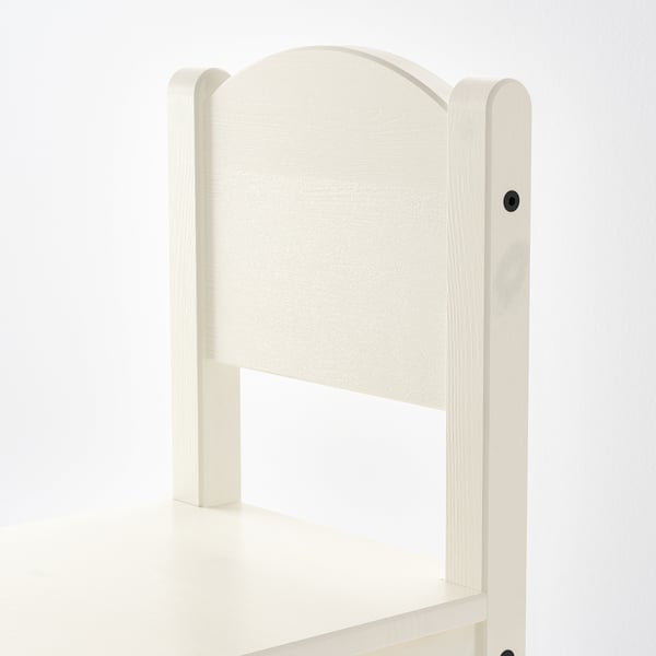 Small white wooden chair with smooth finish and sturdy design. Ideal for childrens play area.