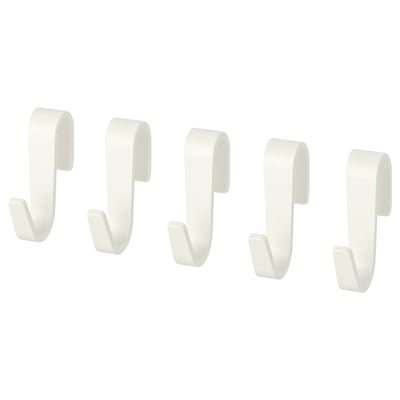 Four white plastic hooks in a row, designed for wall mounting, ideal for kitchen storage.