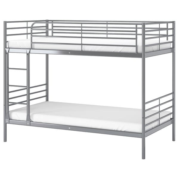 A silver metal SVÄRTA bunk bed. It has a ladder on the side, two white mattresses, and a simple, modern design.