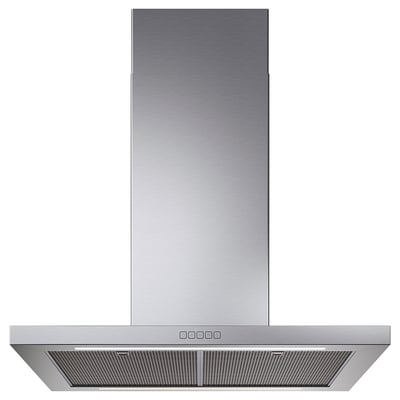 Stainless steel ceiling hood, sleek modern design, rectangular shape with slim controls.