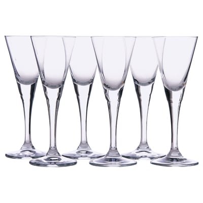Six clear glass SVALKA wine glasses in classic design, standing upright in a row.