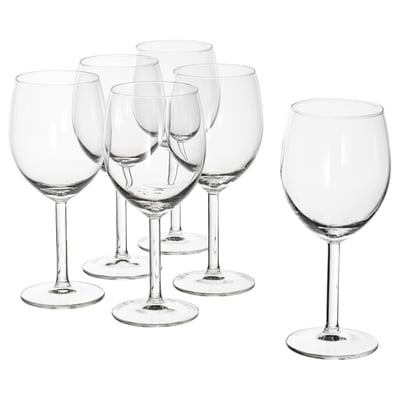 Six clear, elegant wine glasses with long stems and round bases. Classic design, perfect for formal occasions.